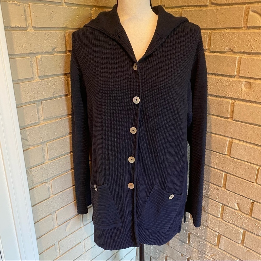 Margaret Winters Navy Tunic Cardigan Sweater Button Artsy Boho Hooded Medium